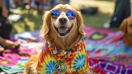 Happy golden retriever in colorful attire enjoying a sunny day at a pet-friendly festivalの素材