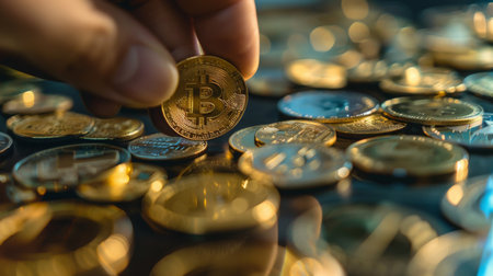Hand Holding Bitcoin Coin Among Various Cryptocurrency Tokensの素材