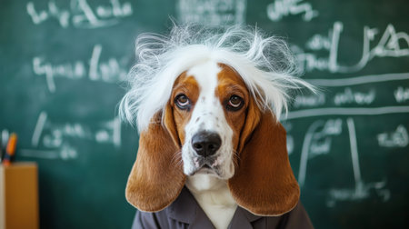 A basset hound with a white wig stares intently at a chalkboard full of equationsの素材