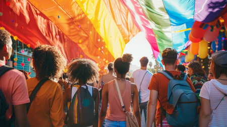 Group of People Standing in Front of Rainbow Flagの素材