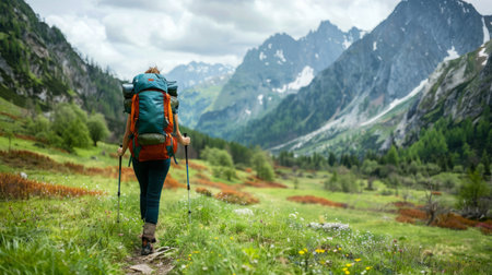 Person Walking Through Field With Backpackの素材