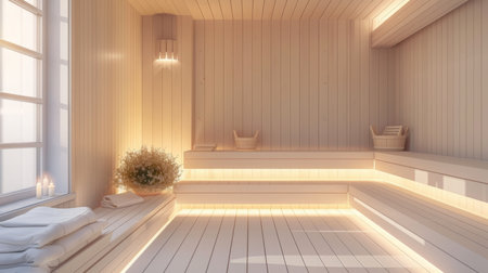 Modern Sauna Room With White Walls and Wooden Floorsの素材