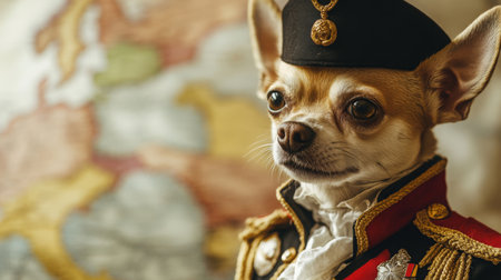 A chihuahua in a ceremonial outfit poses proudly against a vintage world map backdropの素材