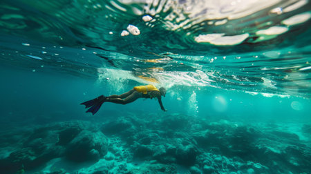 Woman Swimming in the Ocean With Yellow Shirt Onの素材