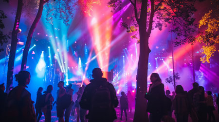 Group of People Standing Around a Forest Filled With Lightsの素材