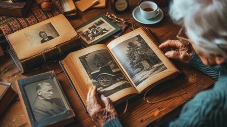Elderly Woman Reading Book at Tableの素材
