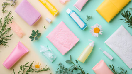 Vibrant display of skincare products and natural elements on a pastel backgroundの素材