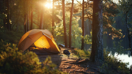 Tent Pitched in Woods at Sunsetの素材