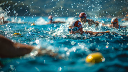 Group of People Swimming in a Poolの素材