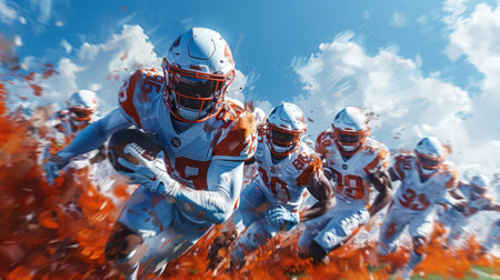 NFL Football Players Running Mid-Airの素材