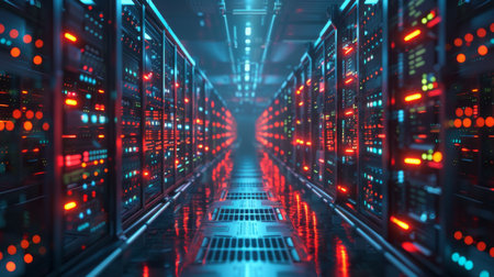 Illuminated Data Center Servers at Nightの素材