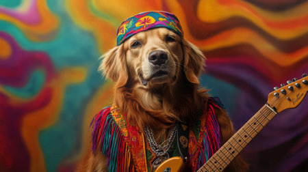 A golden retriever wearing colorful attire plays guitar against a vibrant backgroundの素材