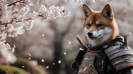 A Shiba Inu dressed as a samurai stands in front of cherry blossomsの素材
