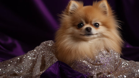 A stylish Pomeranian dog posing gracefully on purple backdrop draped in glittering fabricの素材