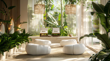 Garden Lounge in Summer Afternoon With White Cushions and Glass Wallsの素材