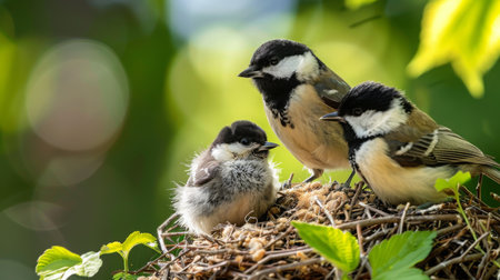Chickadee Family on Nest in Springtimeの素材
