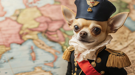A Chihuahua dressed in a military uniform poses proudly in front of a colorful world mapの素材