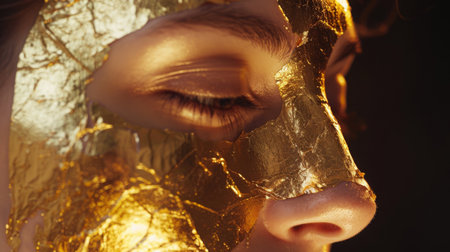 Golden Sheet Mask on Woman Face in Warm Lightの素材
