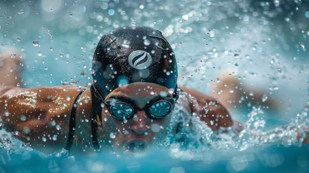Man Swimming in Pool With Goggles Onの素材
