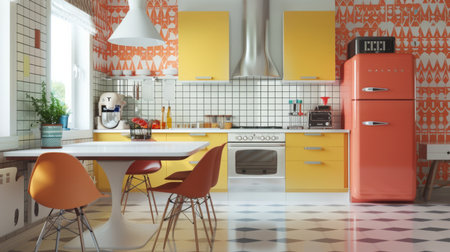 Vibrant Orange and Yellow Kitchen With Checkered Floorの素材