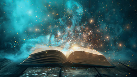 Open Book on Wooden Table With Blue Smoke and Starsの素材