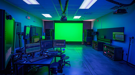 Modern Video Production Studio With Green Screen and Equipment, Nighttimeの素材