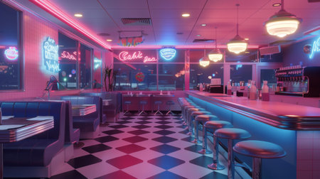 Retro 1950s-Themed American Diner With Neon Lights at Nightの素材