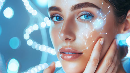 Woman With Glowing Skin Against Illuminated Blue Lightsの素材