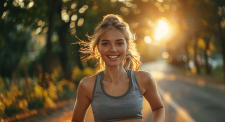 Woman Running Down Road at Sunsetの素材
