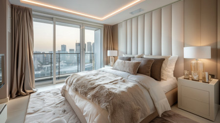 Elegant Modern City Bedroom Overlooking Skyline at Sunsetの素材