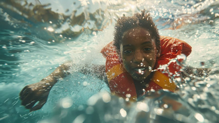 Man in Life Jacket Swimming in Waterの素材