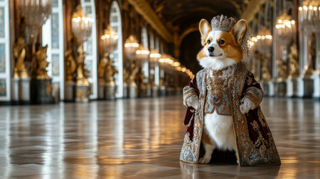 A regal corgi in royal attire stands proudly in a grand palace hallwayの素材