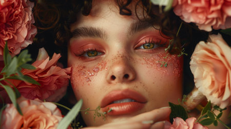 Serene Woman Surrounded by Blooming Flowersの素材
