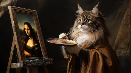 A cat dressed as an artist paints while observing a famous portrait in a dimly lit studioの素材