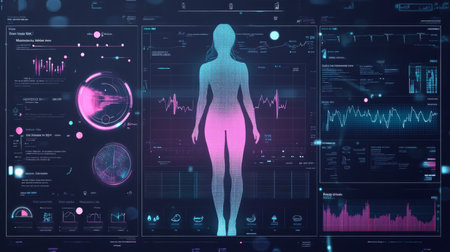 A digital representation of a womans body is displayed on a screen surrounded by dataの素材