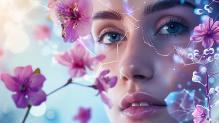 Serene Woman With Spring Blossoms and Digital Overlayの素材