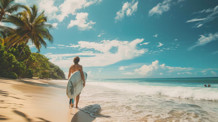 Person Walking on Beach With Surfboardの素材