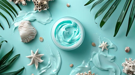 Blue and White Whipped Cream Bowl With Seashells and Palm Leavesの素材