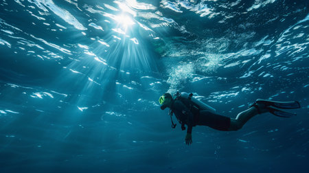Diver in Scuba Suit Swimming in Waterの素材