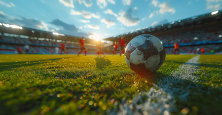 Close-Up of Soccer Ball on Field During a Match at Sunsetの素材