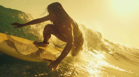 Woman Riding Surfboard on Top of Waveの素材