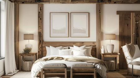 Cozy Rustic Bedroom With Wooden Beams and Natural Light in Daytimeの素材