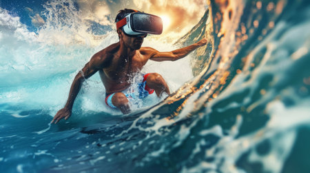 Man Riding Surfboard on Waveの素材