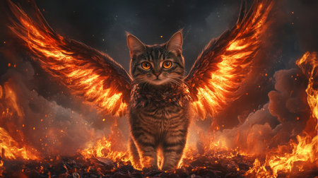 A mystical cat with fiery wings standing on glowing embers in a dramatic fantasy landscapeの素材