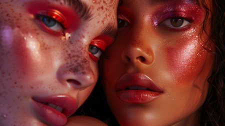 Two Women With Red Makeup and Frecklesの素材