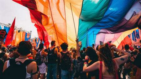 Crowd Watching Rainbow-Colored Kite, Outdoorの素材