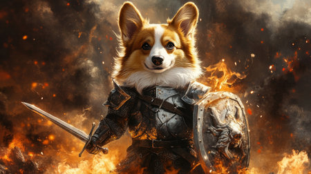 Brave corgi in armor holding a sword and shield amidst fiery backdrop of battleの素材
