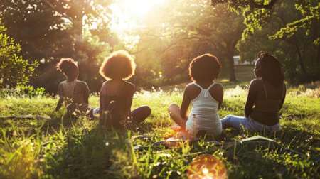 Group of People Sitting on Top of Lush Green Fieldの素材