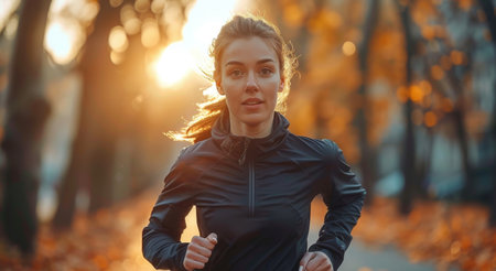 Woman Jogging in Autumn Park at Sunsetの素材