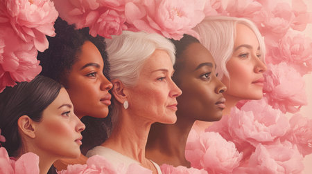A diverse group of women stands in profile, showcasing various hairstyles and skin tonesの素材